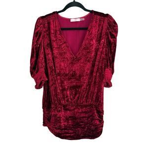 Ramy Brook Large red Burgundy Velvet VNeck Blouse Ruched Waist Puff Sleeve Party